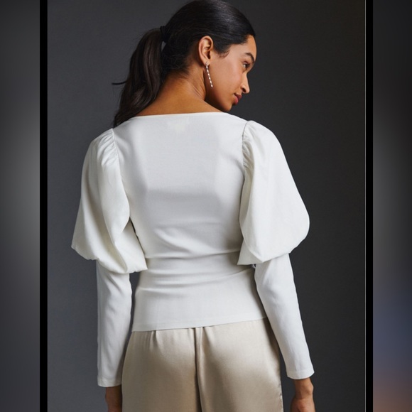 Anthropologie Maeve Cream/White Mutton Sleeve Top - Picture 3 of 5
